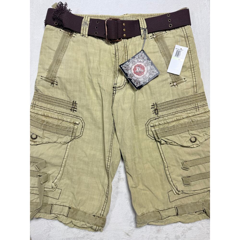 Xray Jeans Mens Cargo Shorts 30 Khaki Belted Long 18" Inseam Gorpcore Techwear